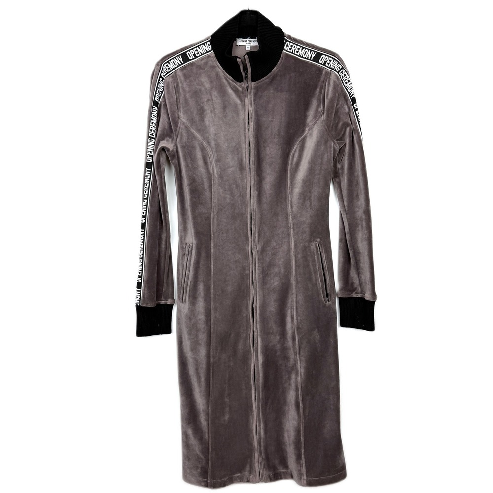 Opening Ceremony Zip-Front Long Sleeve Velour Track Dress Athleisure Grey Small